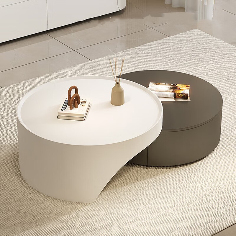 顶匠（DINGJIANG） 小户型奶油风茶几网红现代简约客厅家用圆形茶几电视柜组合 奶油风圆形组合茶几